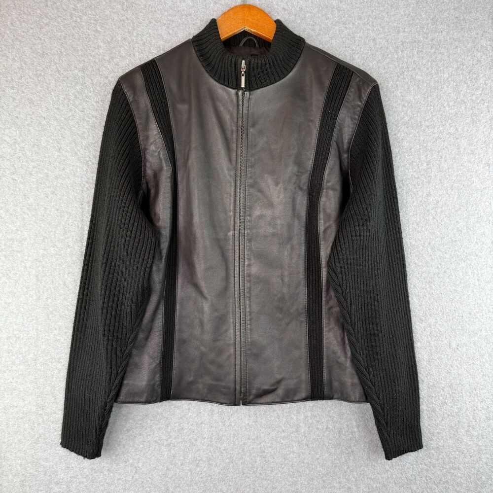 Worthington Black Leather Zip Up Jacket Black Knit Sleeves 90s Classic Preppy XL